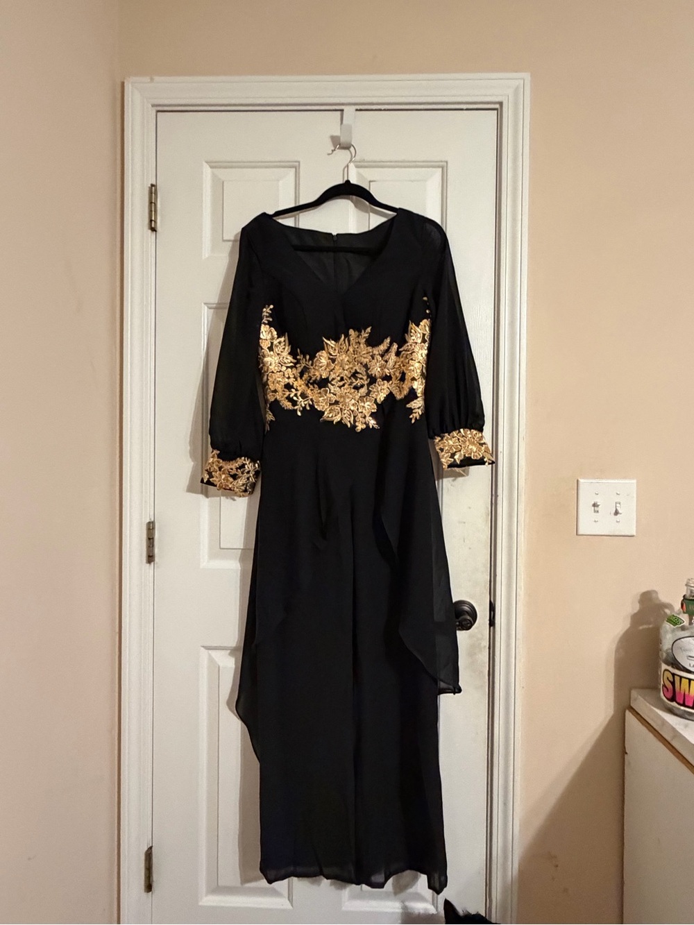 Black Dress with Gold Embroidery - Elegant V-Neck Evening jumpsuit